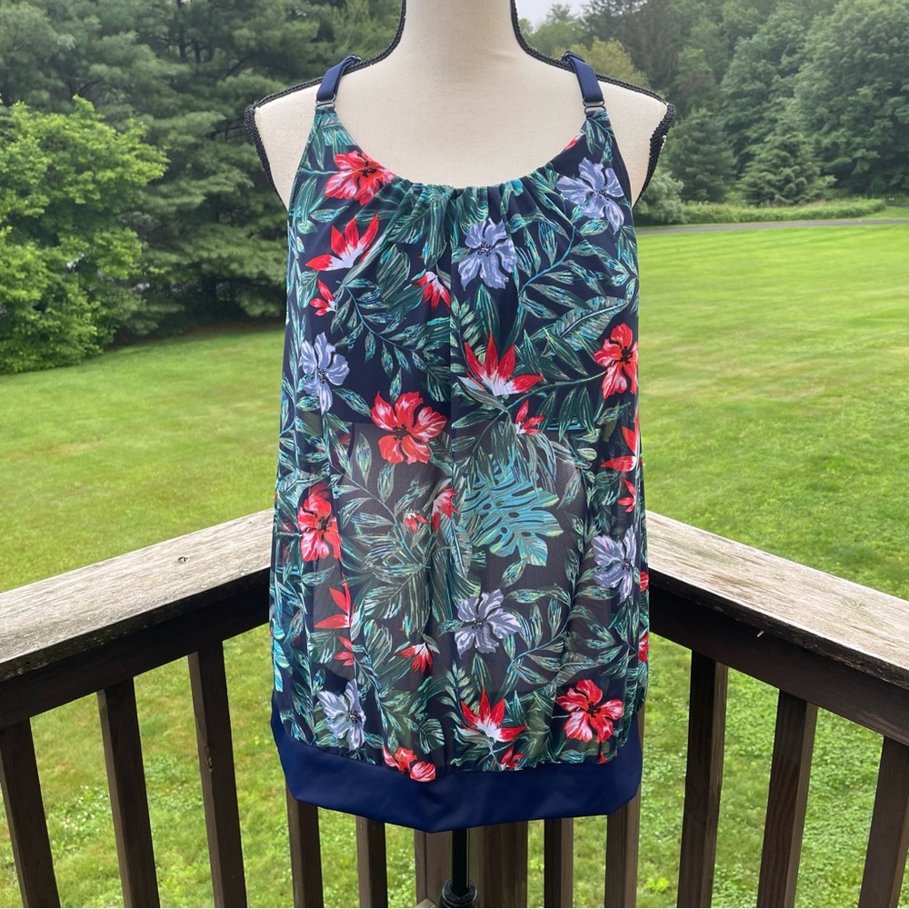 Cacique tankini swim top shelf bra lightly lined modest mesh tropical floral 18